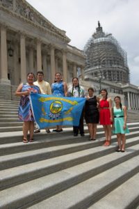 Warm Springs Youth Council at the Nation's Capitol! (L to R): Keeyana Yellowman (Madras HS), Mitchell Lira (Chemawa/U of Oregon), Ashley Meanus (Madras HS), Gavin Begay (Madras HS), Summer Brunoe (Central Christian School - Redmond), Malia Collins (South Wasco County HS), Feliciana Conner (Madras HS)