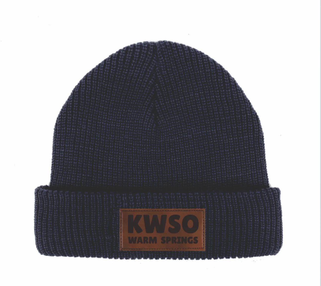 Navy knit KWSO beanie with a leather KWSO Warm Springs patch