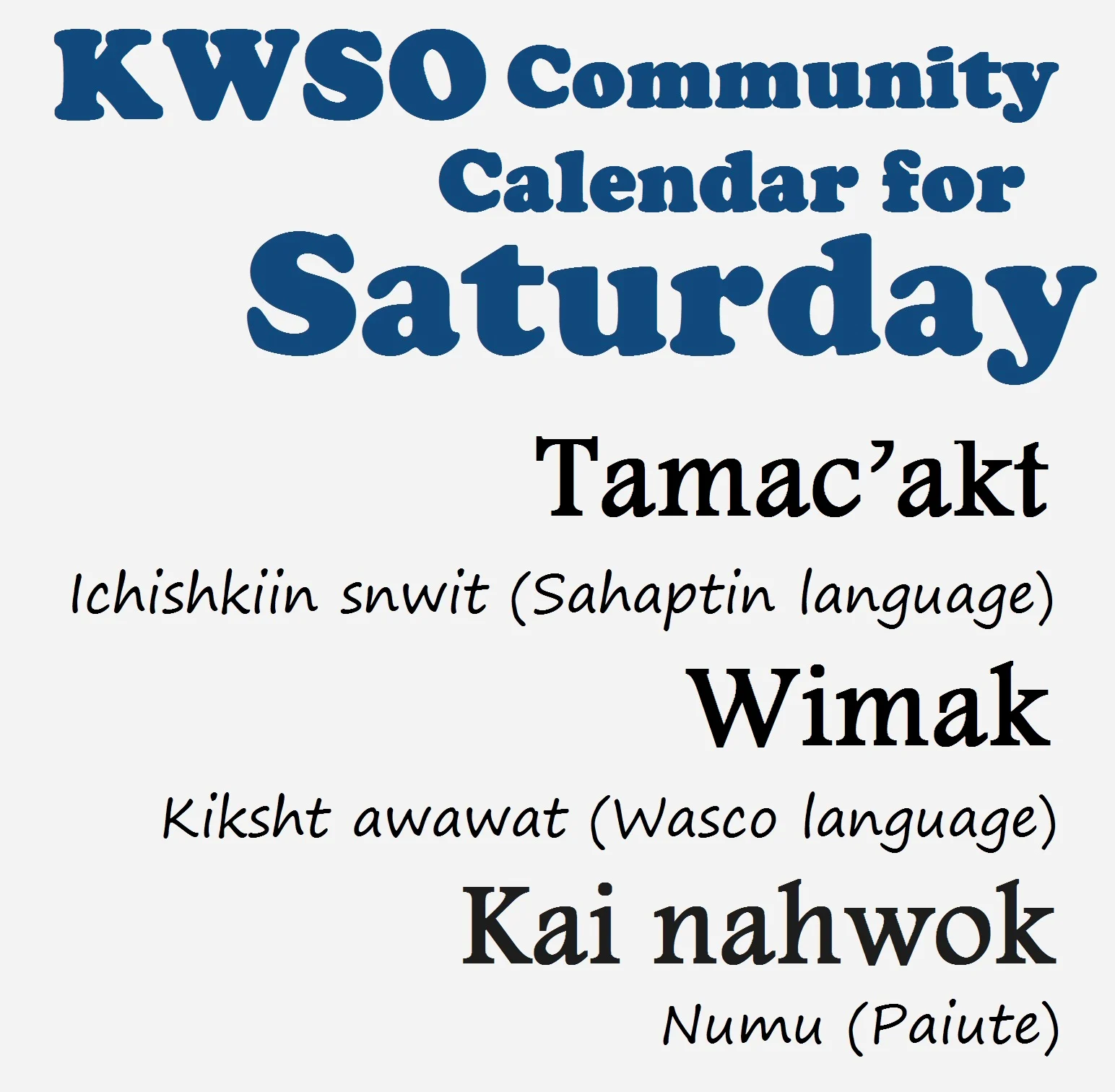 KWSO Calendar for Sat., Jan. 10, 2026