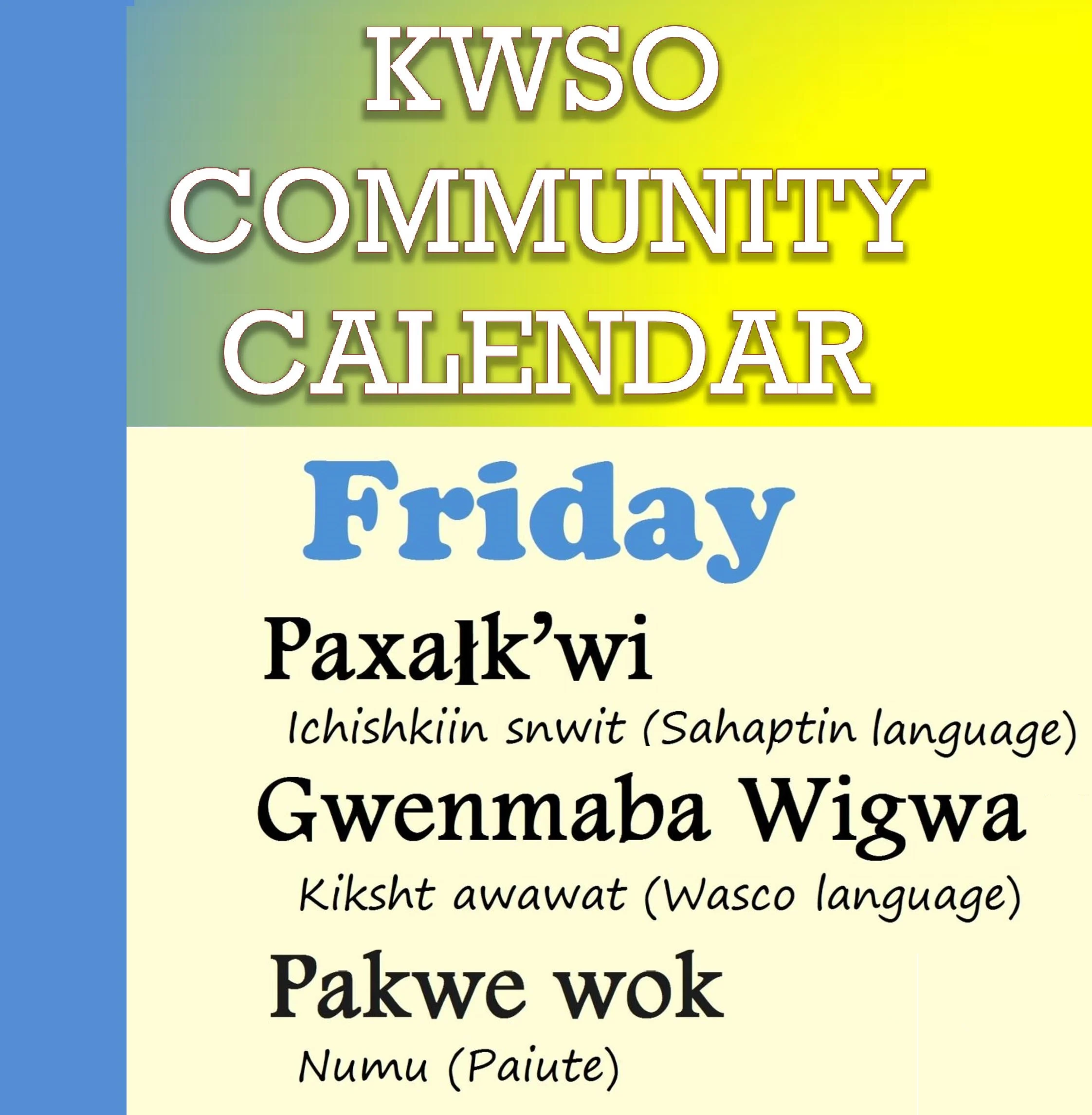 KWSO Calendar for Fri., Jul. 31, 2026