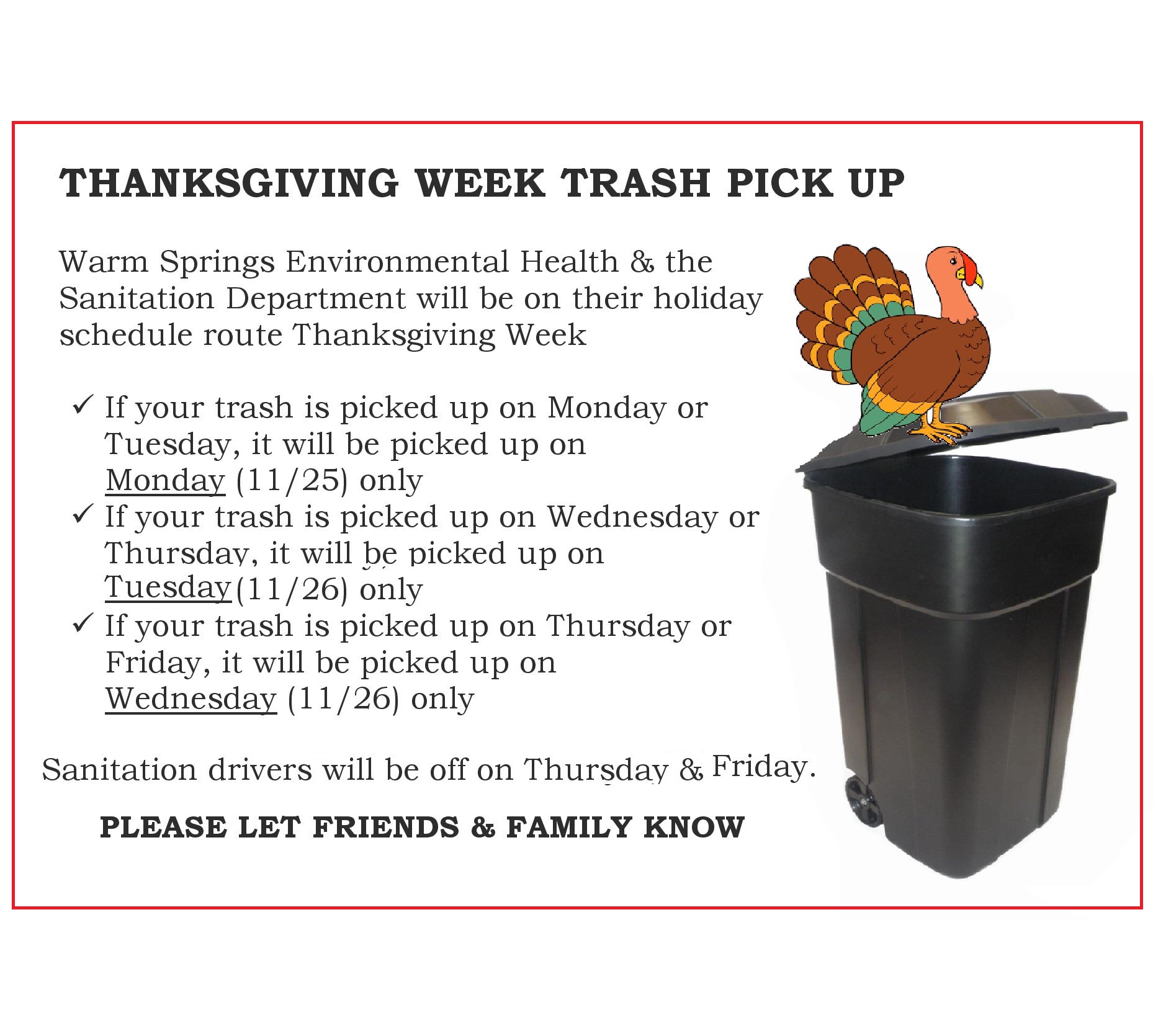 Thanksgiving Week Sanitation Schedule KWSO 91.9